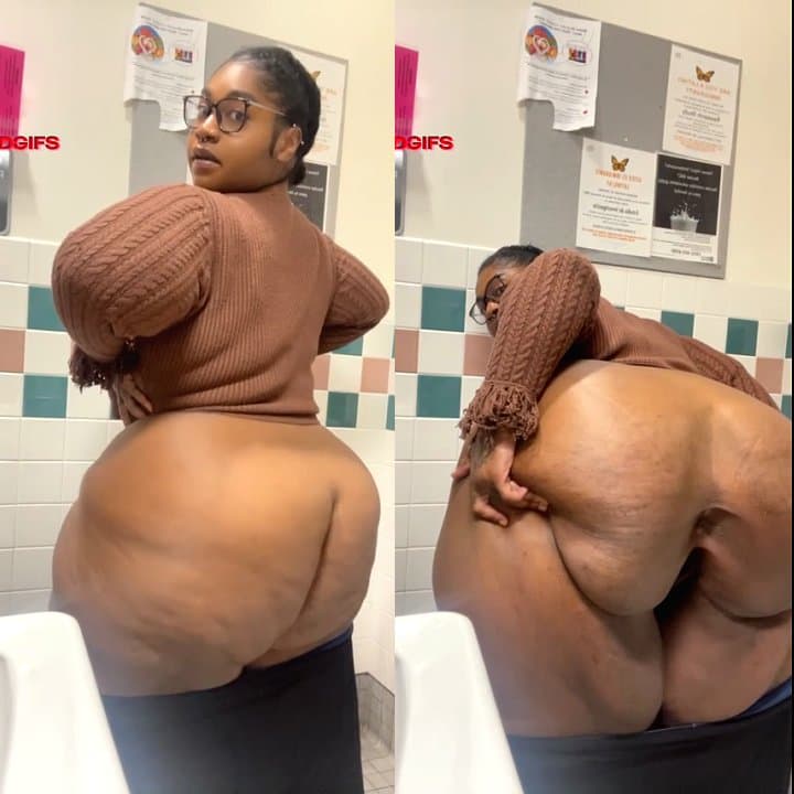 INCREDIBLE: Nerdy ebony BBW flashes & spreads her ENORMOUS ass in public bathroom 🔥🔥🔥